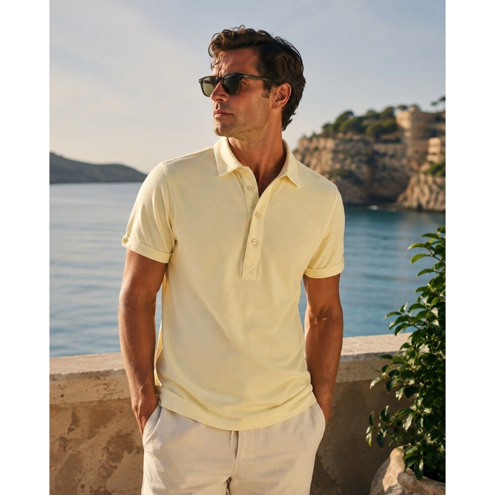 Orlebar Brown Men’s Cotton Piqué Polo Shirt Light Yellow Size L Luxury Resort